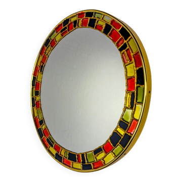 Miroir circulaire en mosaïque de style céramique peint à la main espagnol, années 1970