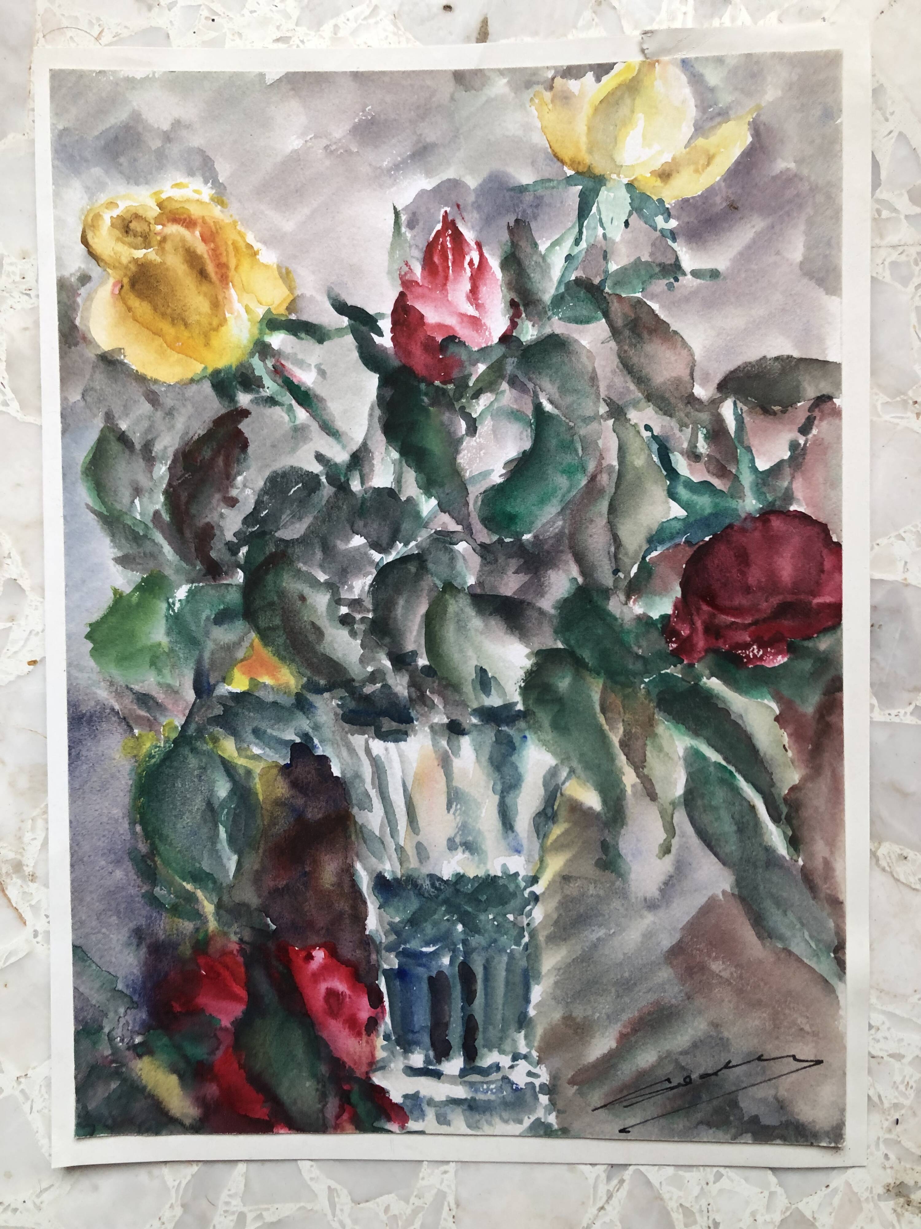 Aquarelle signé godeau : fleurs roses dans vase en verre, figuratif, peinture sur papier sans cadre