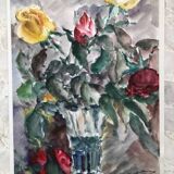 Watercolor signed godeau: pink flowers in glass vase, figurative, painting on paper without frame