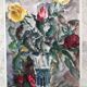 Watercolor signed godeau: pink flowers in glass vase, figurative, painting on paper without frame