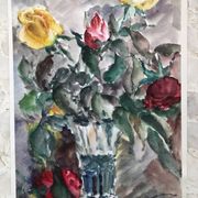 Watercolor signed godeau: pink flowers in glass vase, figurative, painting on paper without frame