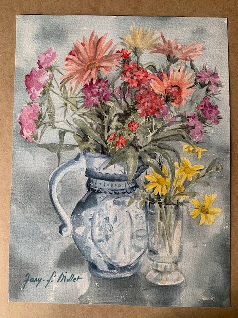 Old watercolor signed Jany. F. Millet (1926-1992), bouquet of flowers under framed glass, 1950