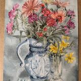 Old watercolor signed Jany. F. Millet (1926-1992), bouquet of flowers under framed glass, 1950