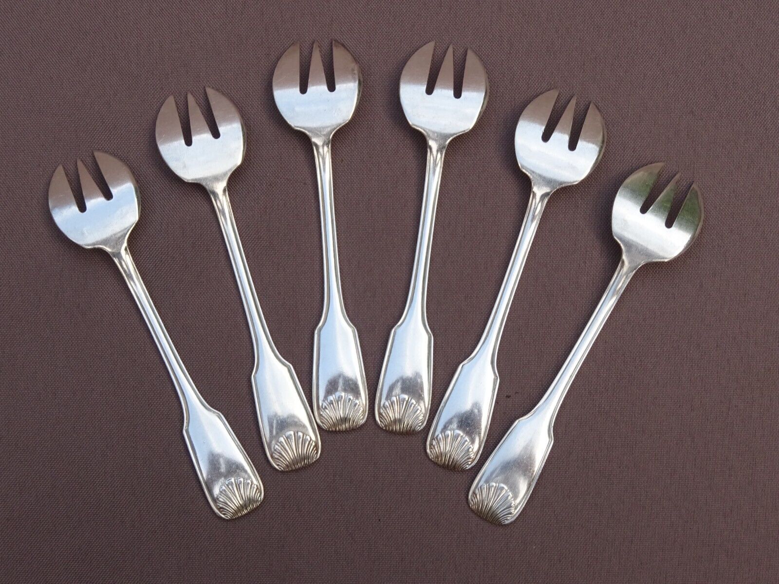 6 silver metal oyster forks shell model