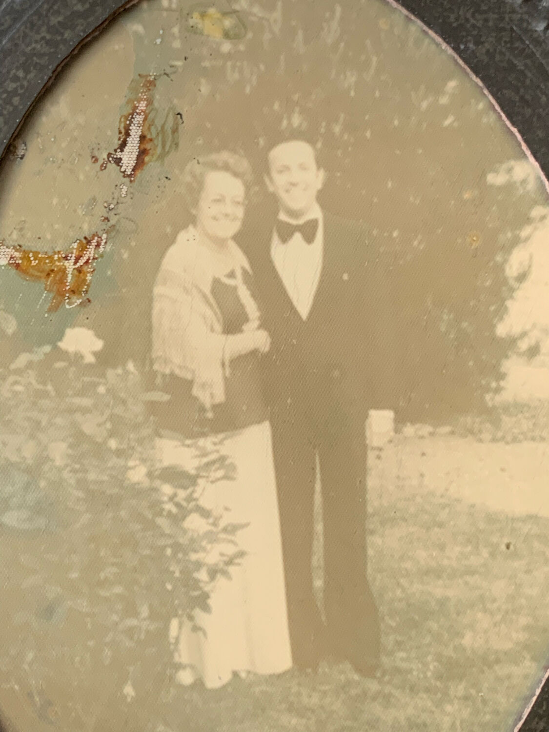 Old photo holder frame in vintage chiseled pewter
