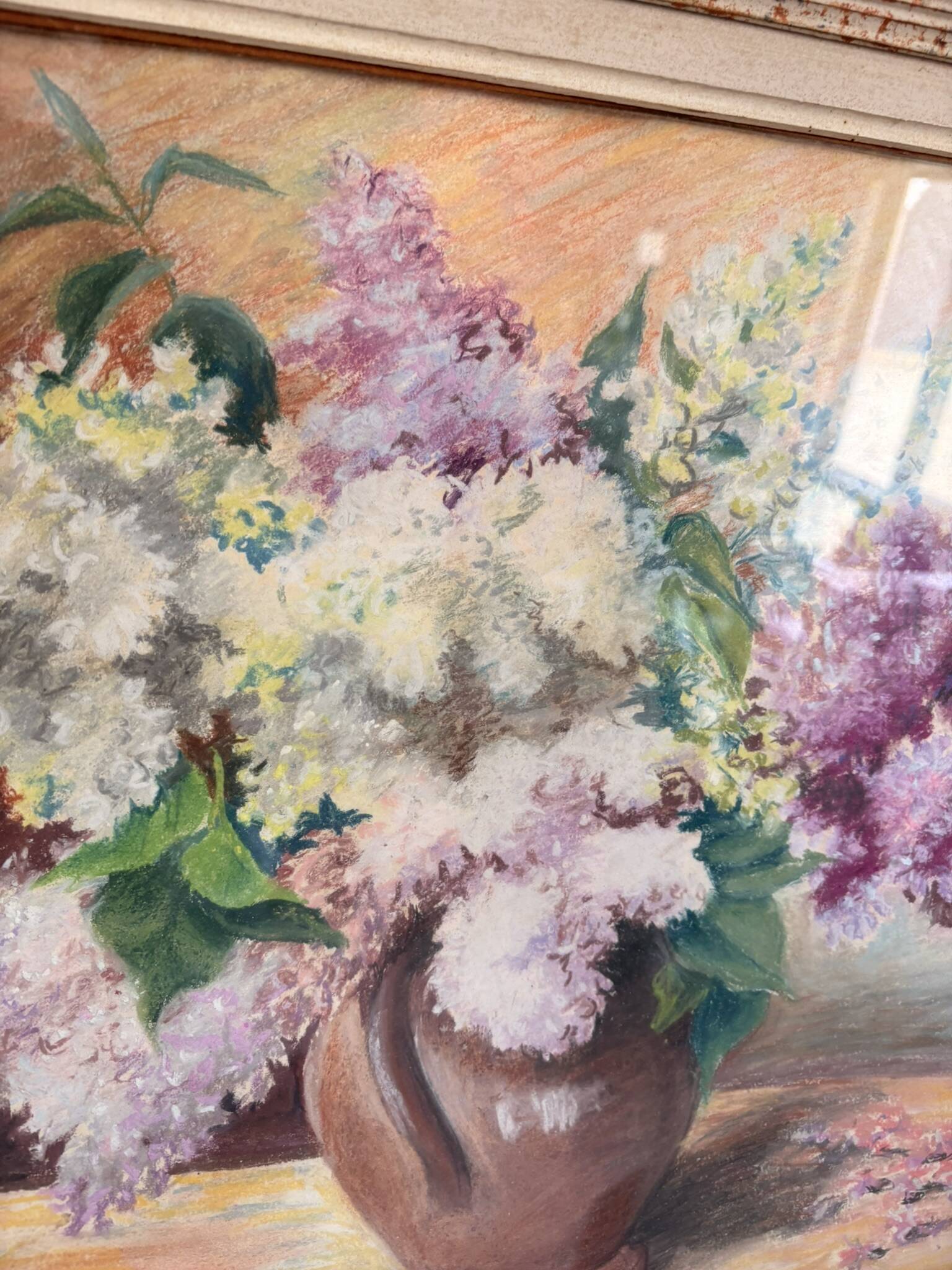 Tableau Drawing Pastel Still Life Lilac Bouquet Flowers Signed Lebailly Enc