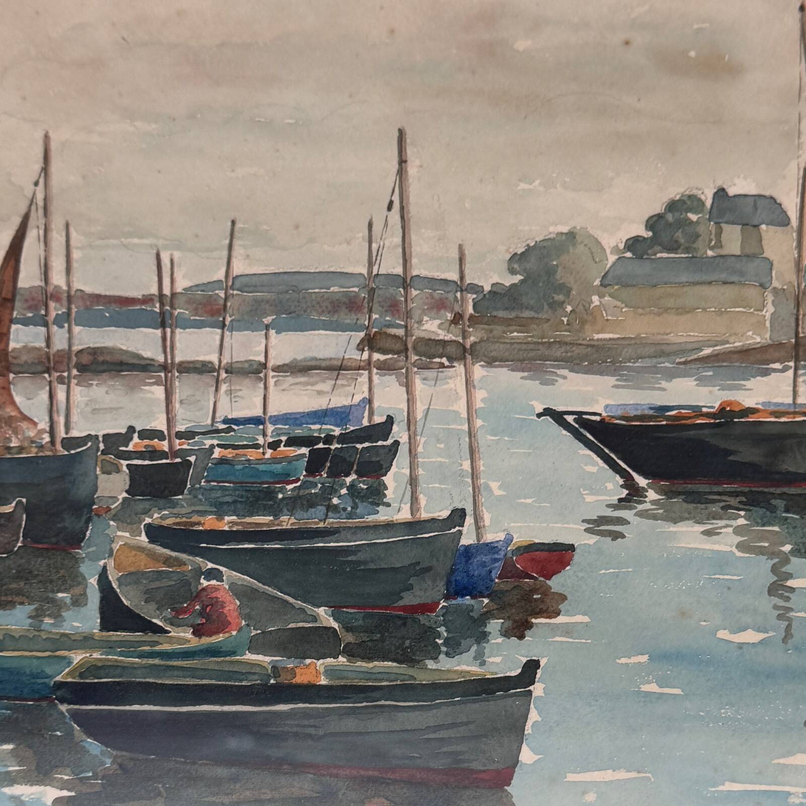 Watercolor on paper the port of Guet Douarnenez 1947 by R. Courteau