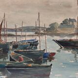 Watercolor on paper the port of Guet Douarnenez 1947 by R. Courteau