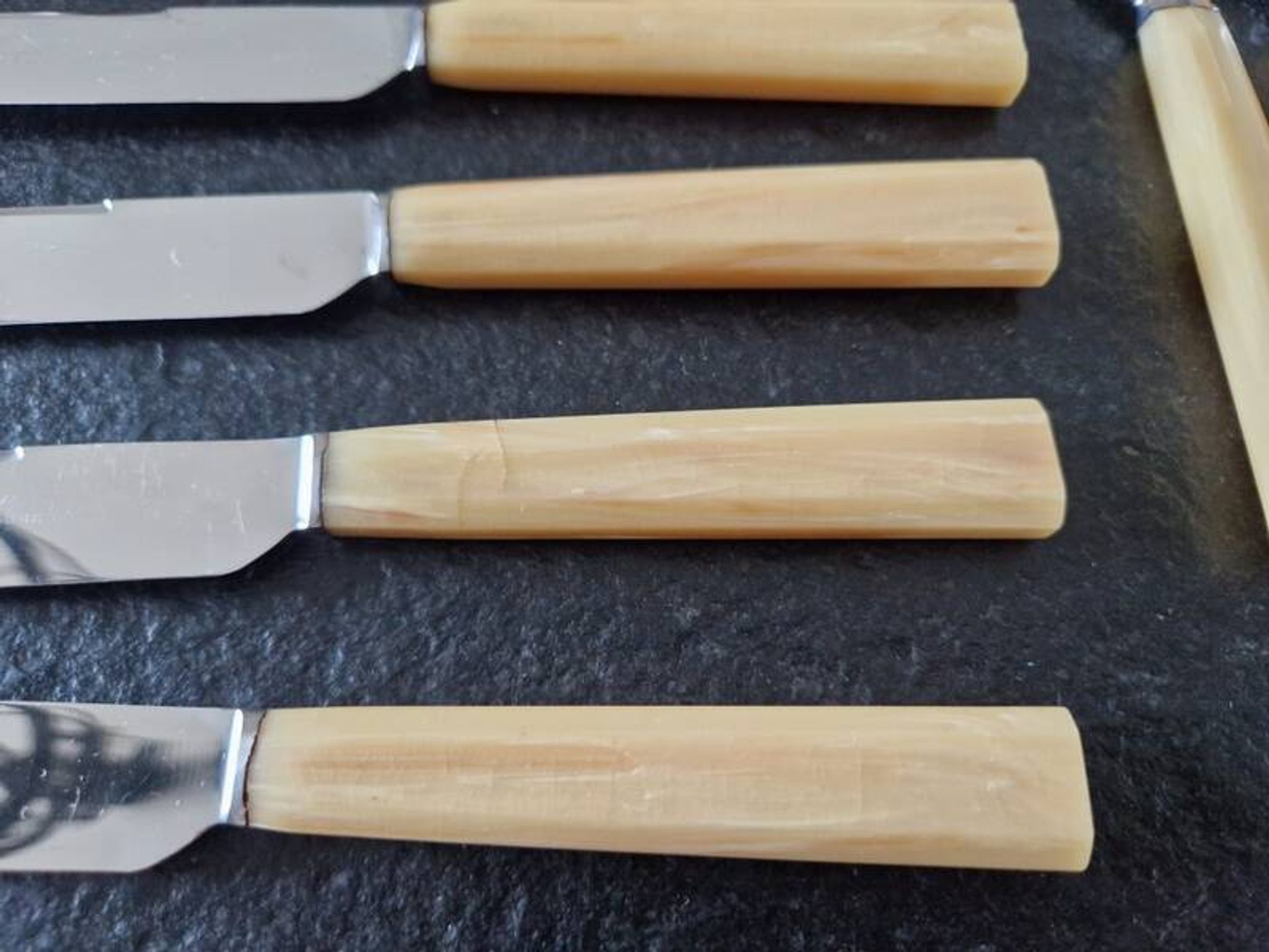 Philos - Set of 12 stainless steel dessert knives with bakelite handles.