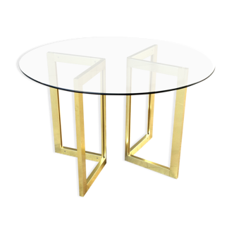 Round dining table glass and gilded metal, vintage 80's