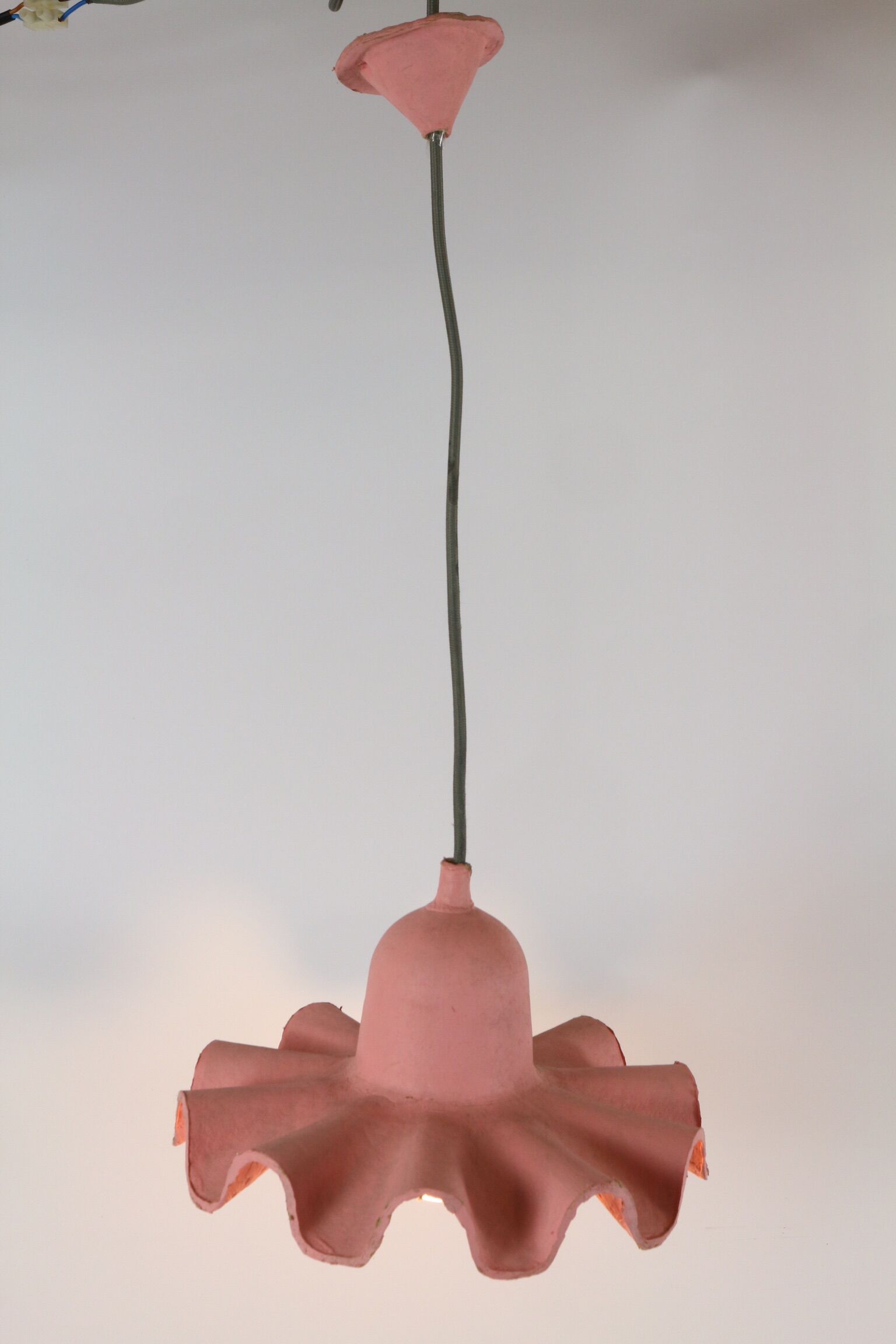 Two lamps/ pendant lamps in recycled cardboard, pink and green, seletti