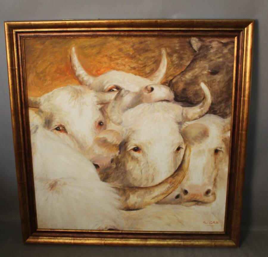 Painting Oil on panel "Charolais cattle"