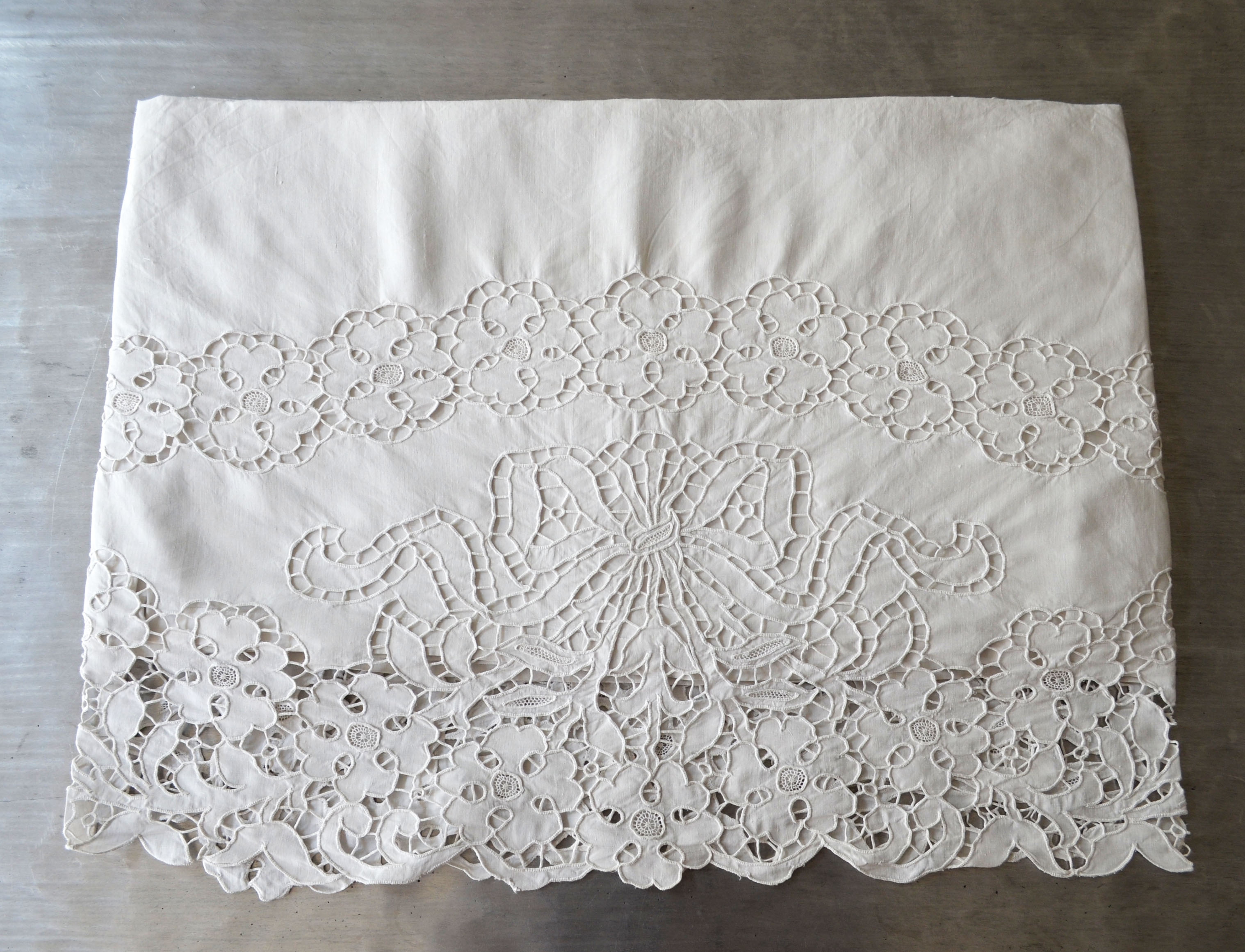 Antique linen sheet embroidery richelieu