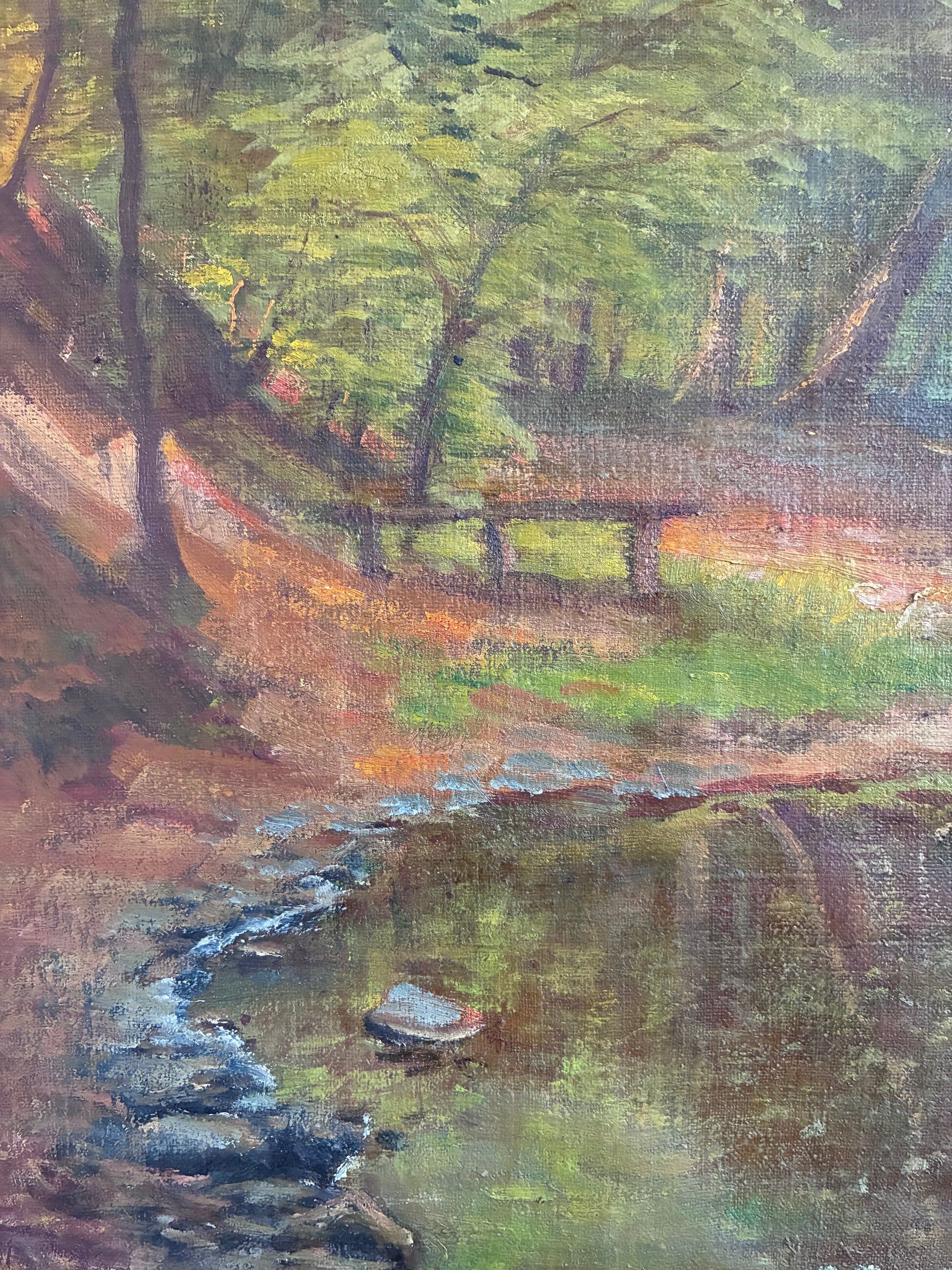 Peinture à l'huile vintage originale paysage forestier