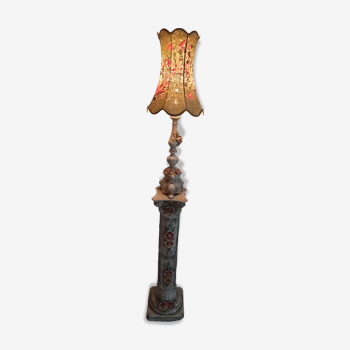 Ancienne colonne et lampe en barbotine art populaire