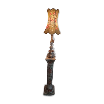 Ancienne colonne et lampe en barbotine art populaire