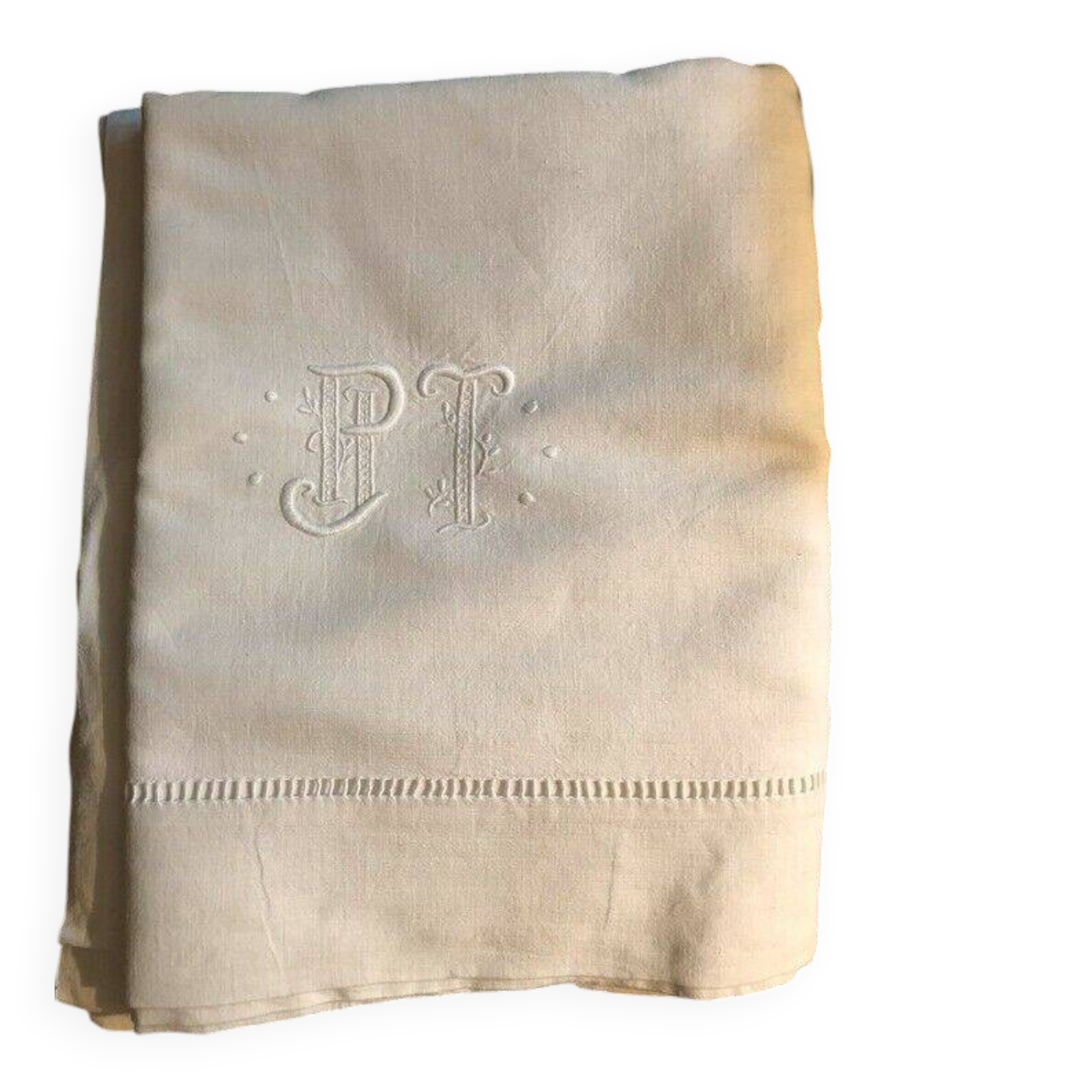 Antique embroidered linen-cotton sheet with monogram PJ T and Venice lace pattern