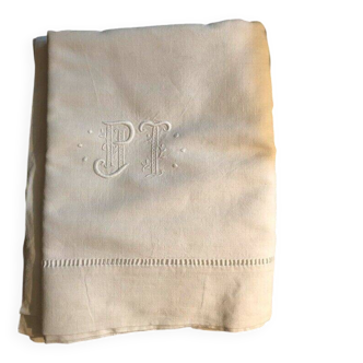 drap ancien  brodé monogramme PJ T et jour Venise( lin-coton)