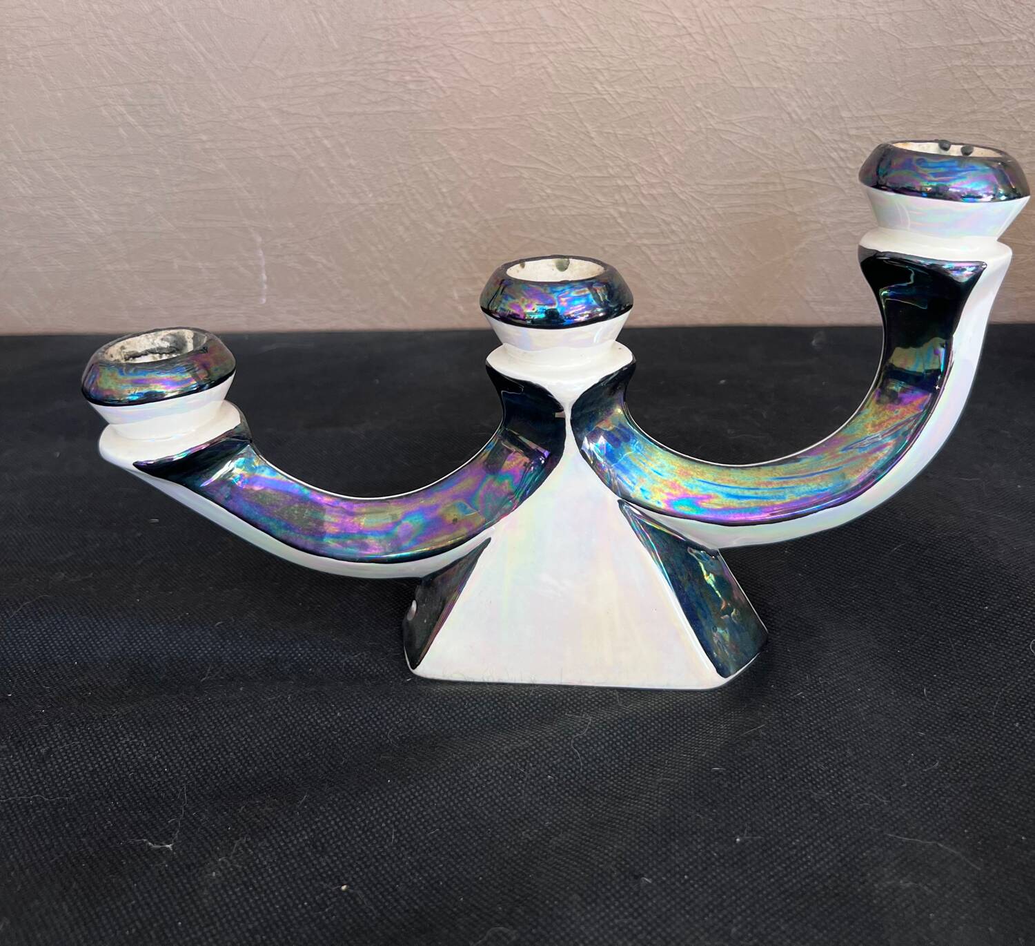 Pair of 3-branch candlesticks in iridescent two-tone ceramic from the 60s