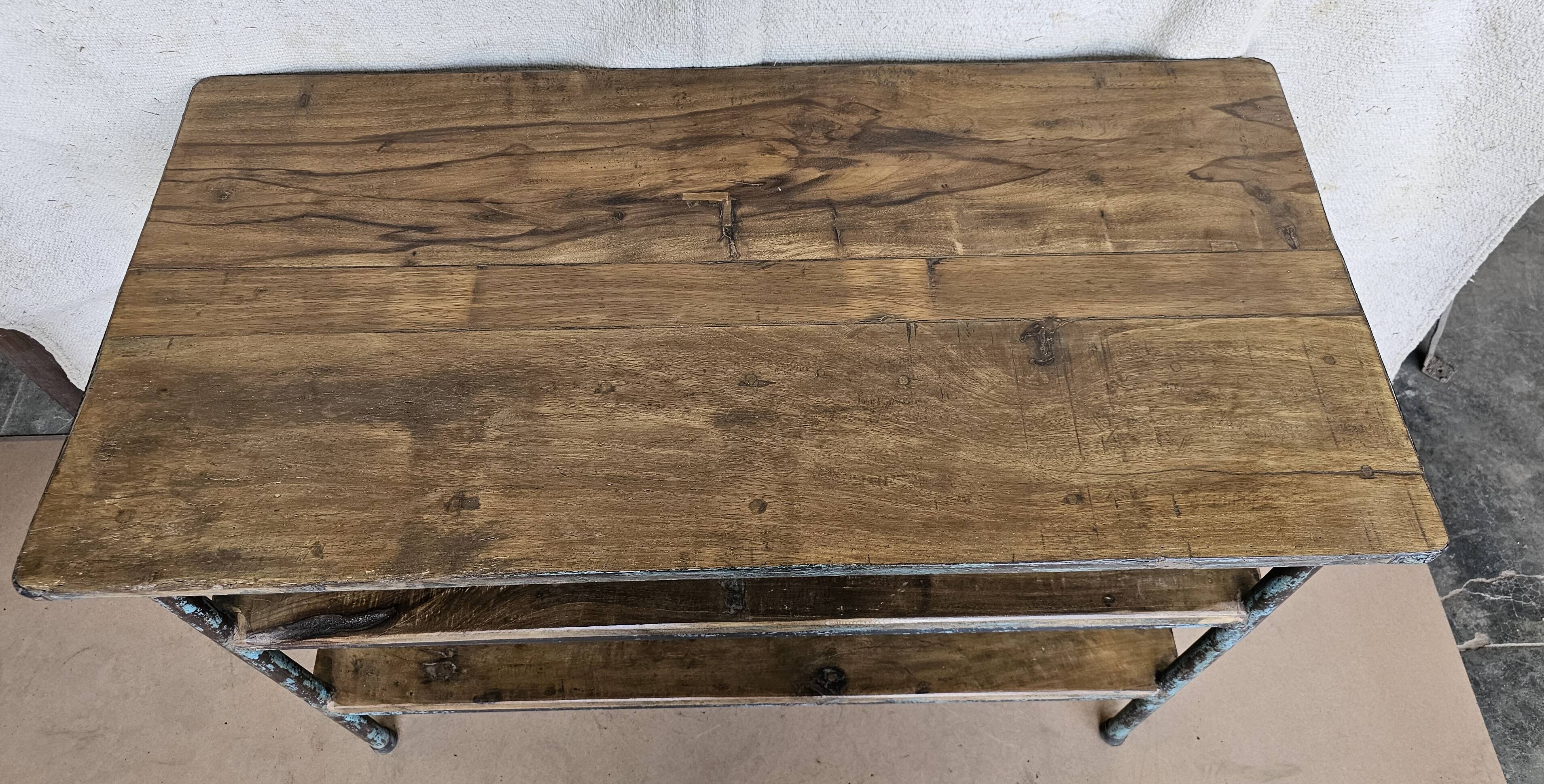 Textile workshop console in teak and wrought iron