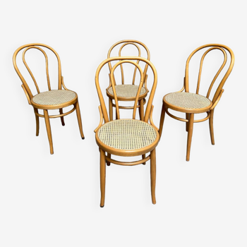 Série de 4 chaises bistrot vintage bois courbé & cannage 1950