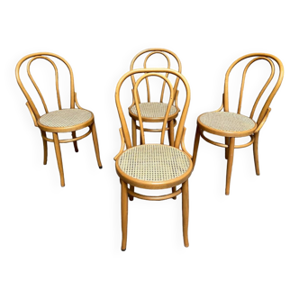 Série de 4 chaises bistrot vintage bois courbé & cannage 1950