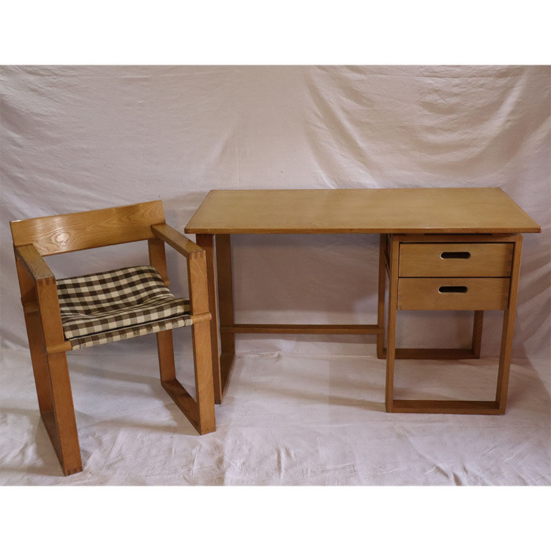 Desk and its vintage wooden chair 1960
