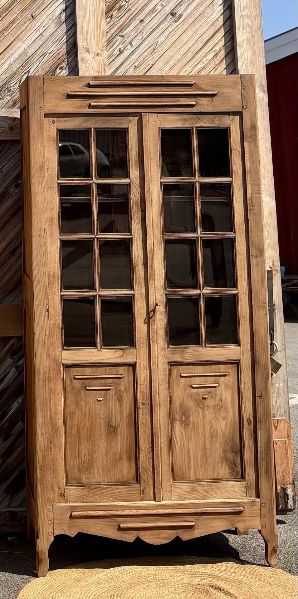Antique glass-fronted cabinet in raw solid oak: display cabinet bookshelf.