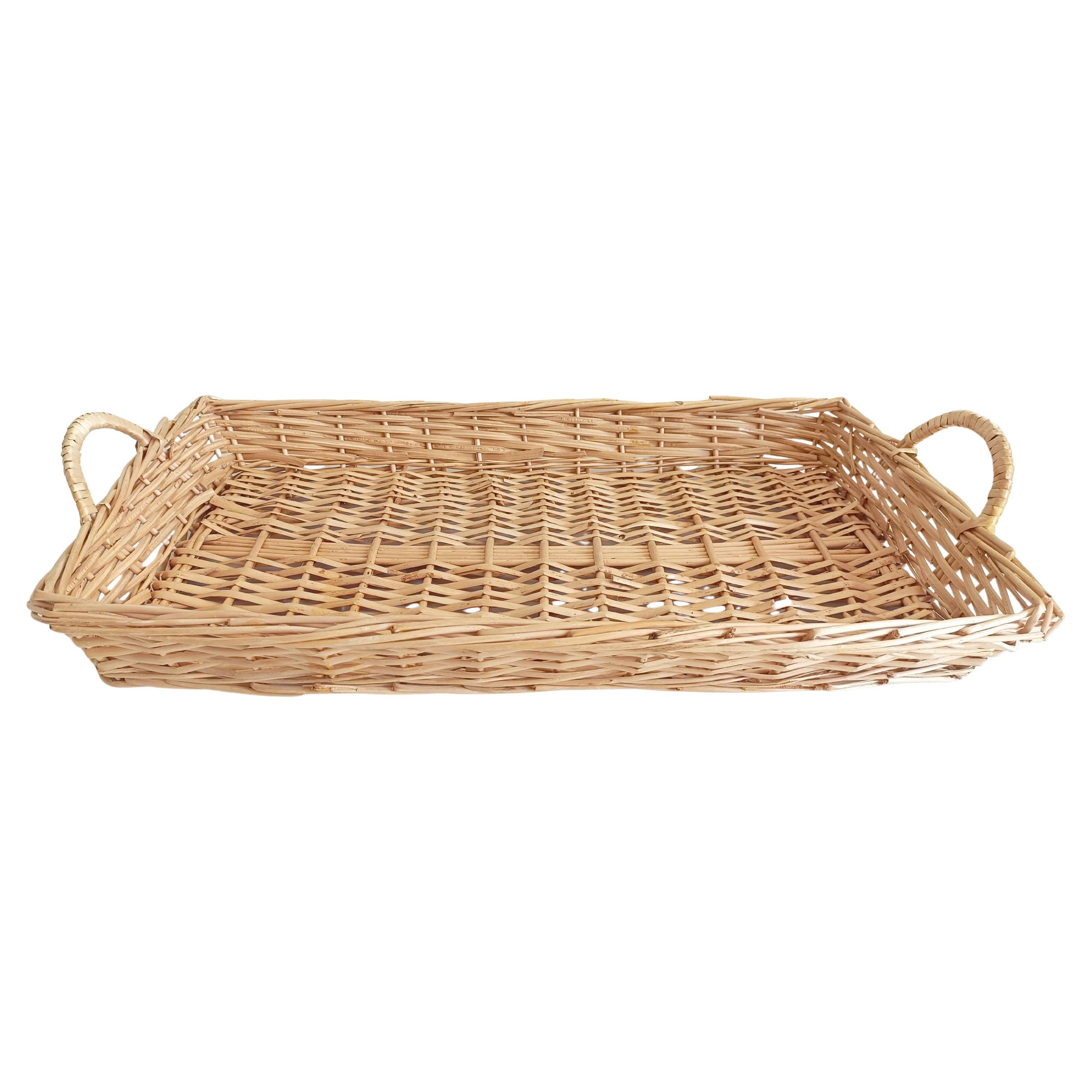 French Provence Large Wicker Basket Tray, Handwoven in France, Late 20th-C