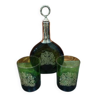 English set whisky service in green glass and gilding with coat of arms and motto