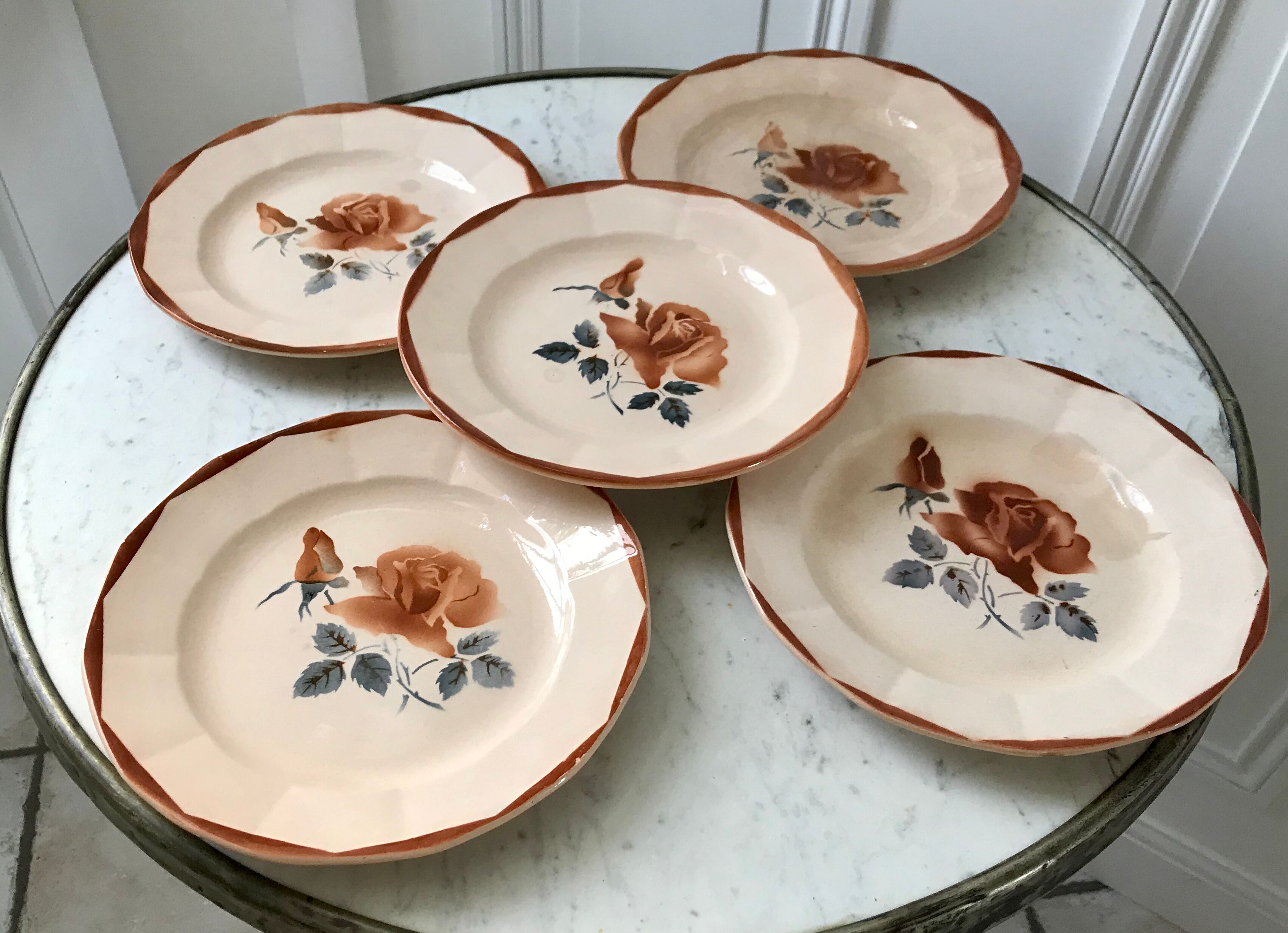 Set of 5 dessert plates Digoin Sarreguemines pink flowers 30-40s
