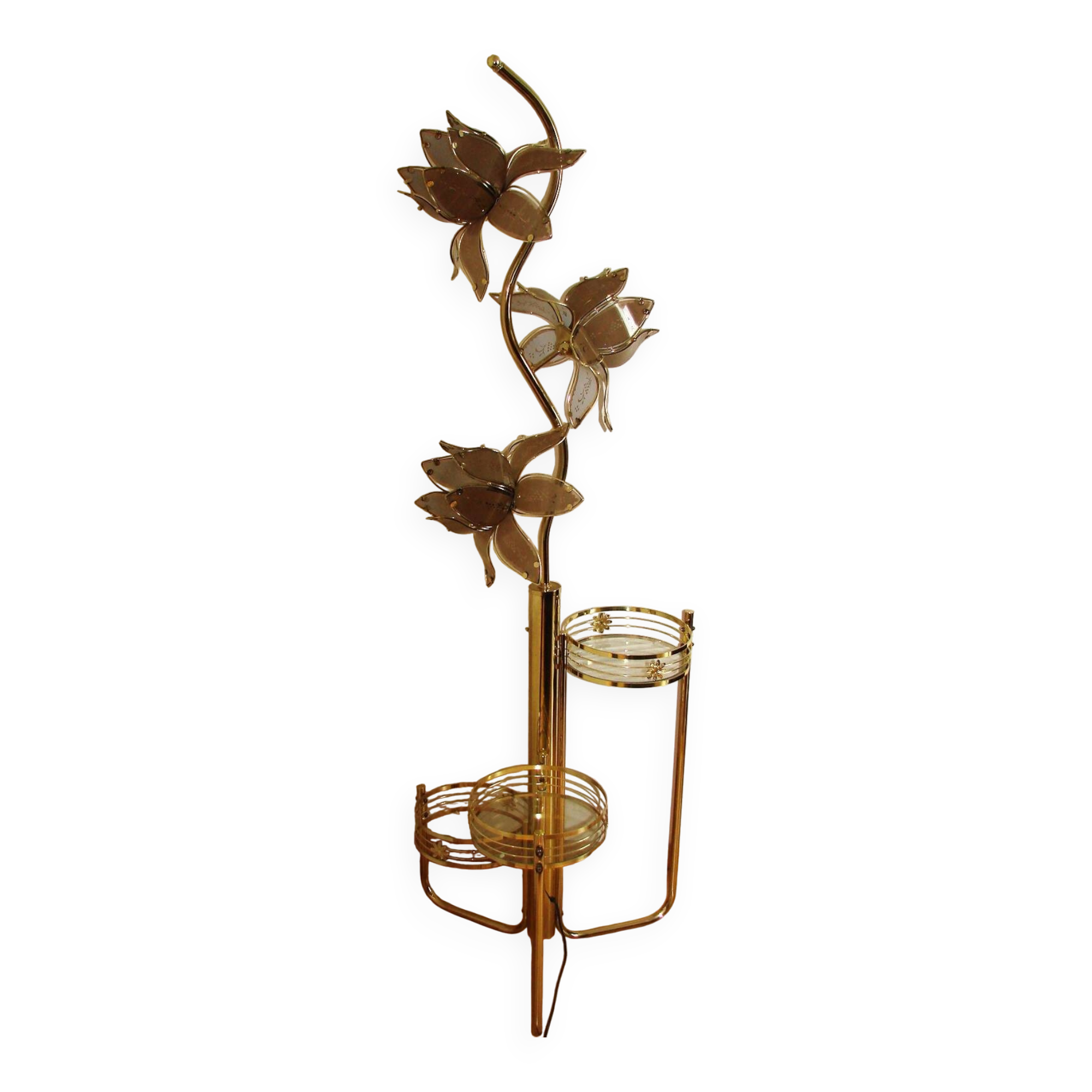 Floor lamp with flower bed - Hollywood Regency, brass and glass, 1970s.