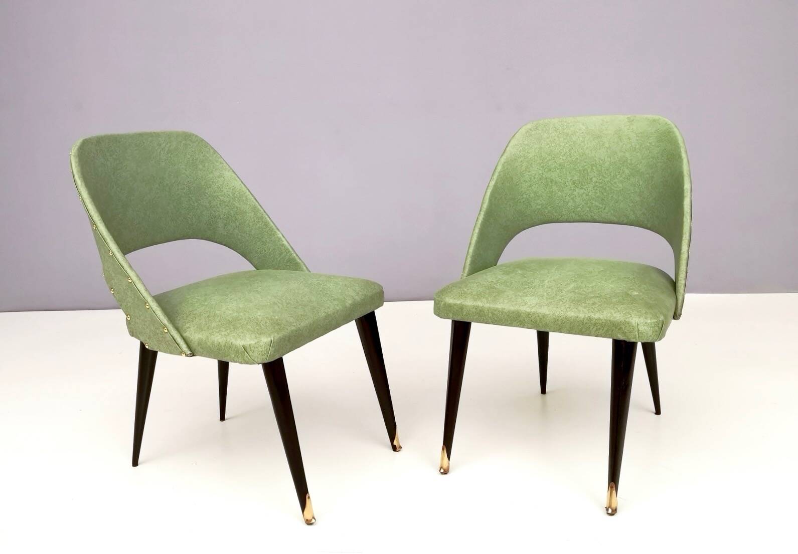 Pair of Vintage Green Skai Side Chairs with Ebonized Wood Legs, Italy