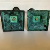 Pair of green patinated brass candlesticks