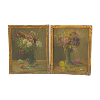 Pair of oils on canvas bouquet of flowers