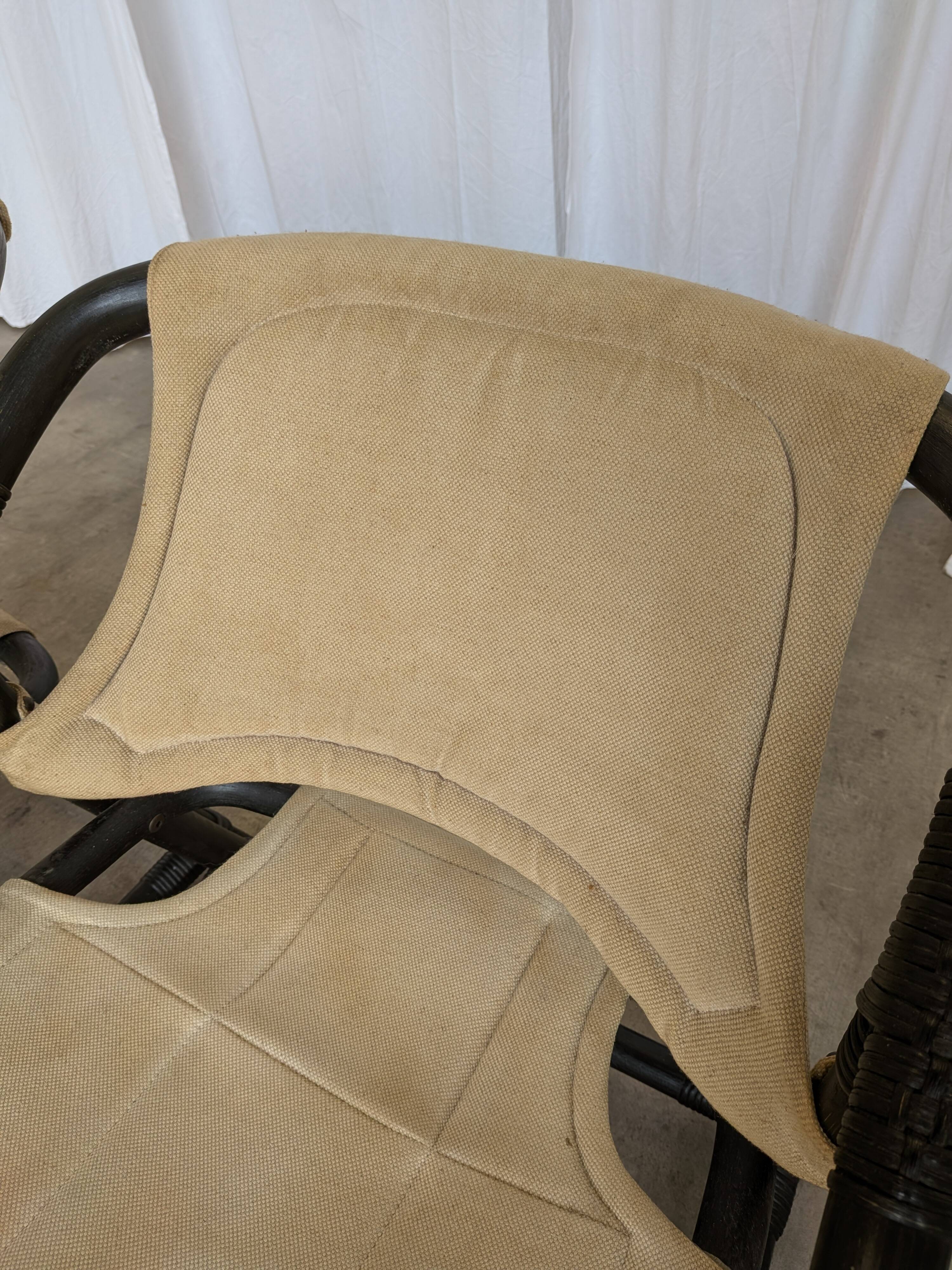 2 Vintage Espri Safari Lounge Armchairs / Rare Mid-century Black Bamboo and Beige Fabric Easy C
