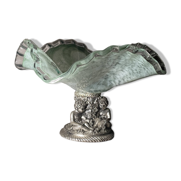 Coupe, centre de table la Meridiana en verre soufflé sur piédouche argenté