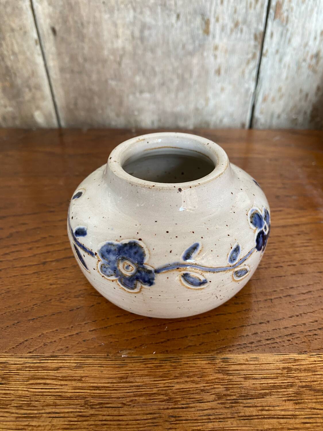 Antique White Ceramic Ball Vase Chiseled Decor Blue Flowers Vintage