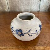 Antique White Ceramic Ball Vase Chiseled Decor Blue Flowers Vintage