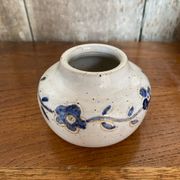 Antique White Ceramic Ball Vase Chiseled Decor Blue Flowers Vintage