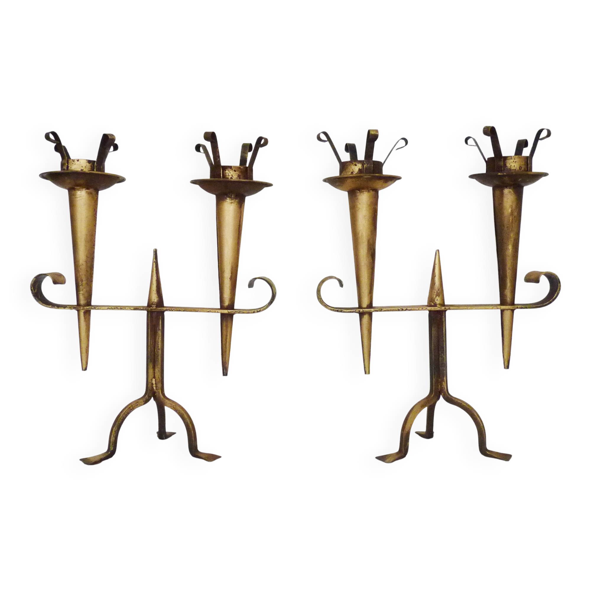 Large Pair of Vintage French Gold Wrought Iron 2 Candle Holders 60