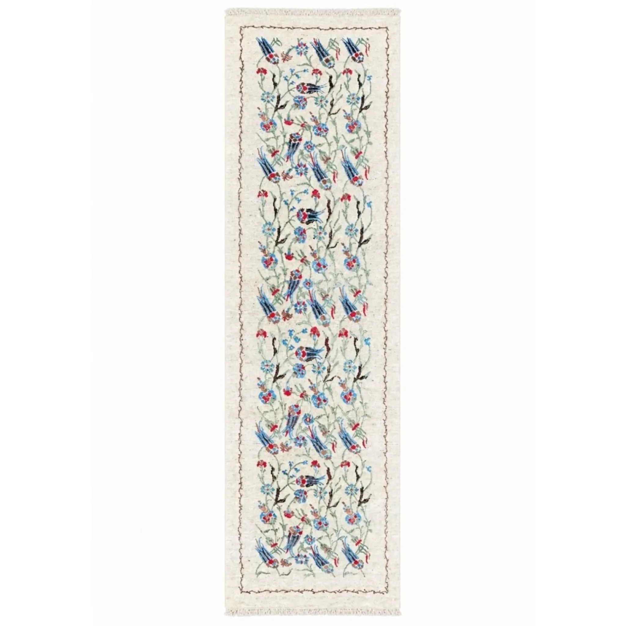 Hand-Knotted Silk Runner Rug for Hallway, Ivory Floral Vine Design Rug for Kitchen