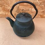 Antique japanese green cast iron teapot flower decor + vintage stand