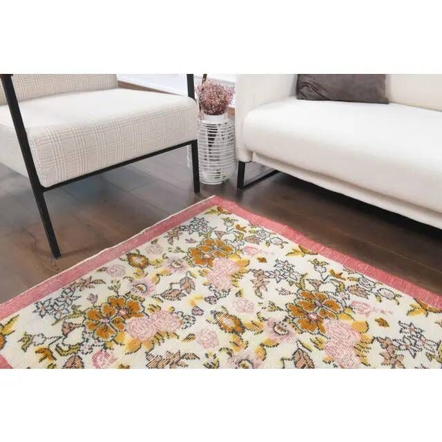 Vintage Turkish Oushak Handmade Wool Cotton Beige Area Rug 103x207