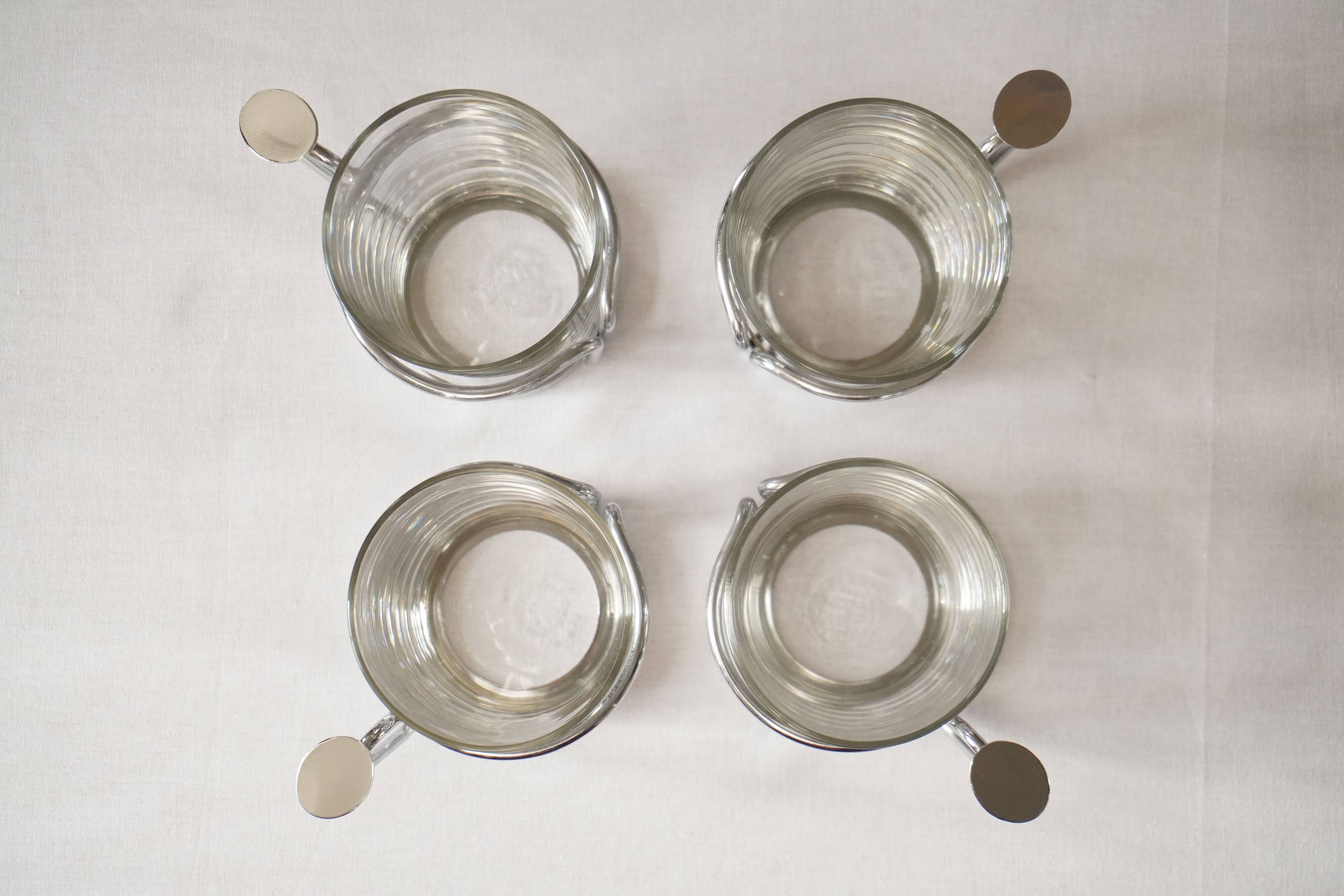 Lot de 4 tasses, verre et support en métal, Duralex France