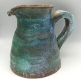 Vintage broc pitcher in enamelled sandstone with effect of blue shades, turquoise green signed
