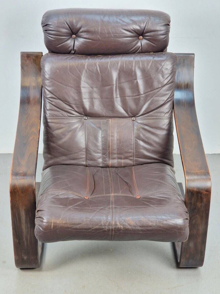 Vintage Armchair in Brown Leather and Bentwood attributed to Coja, 1970s