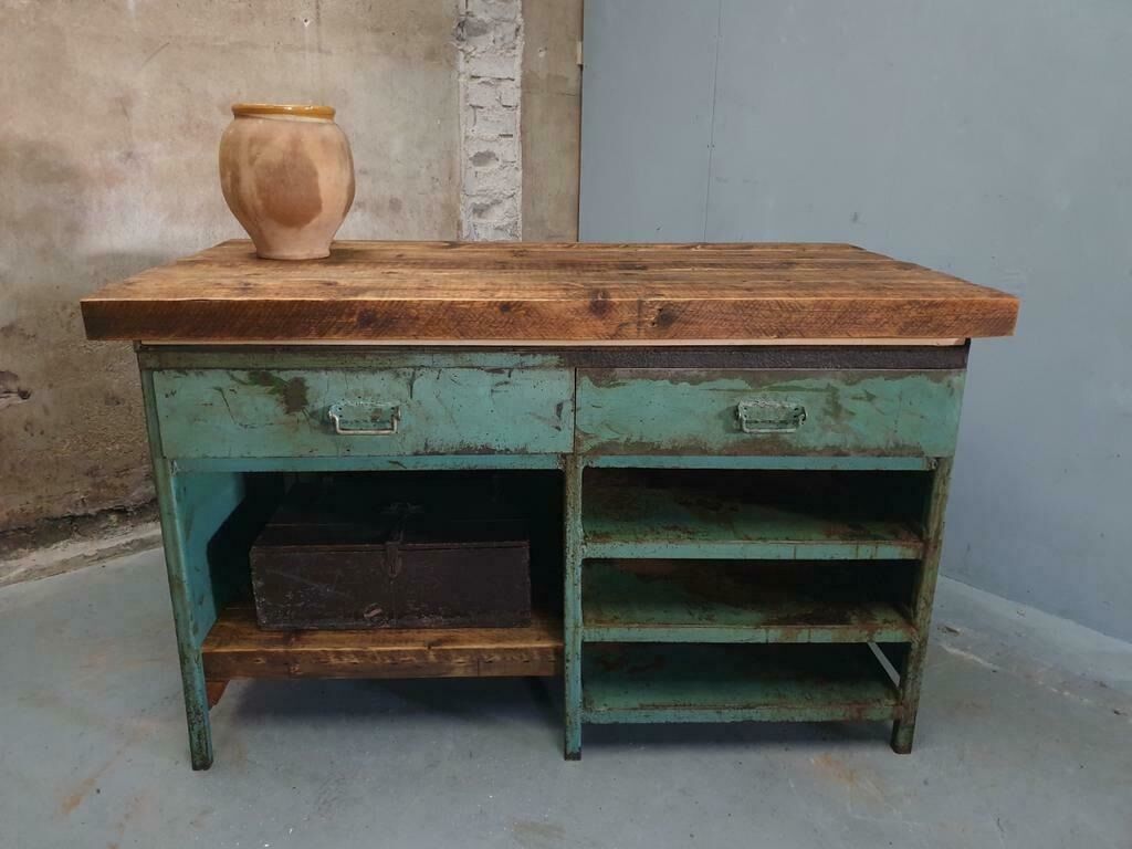 Industrial workbench kitchen island sideboard sea green with drawers