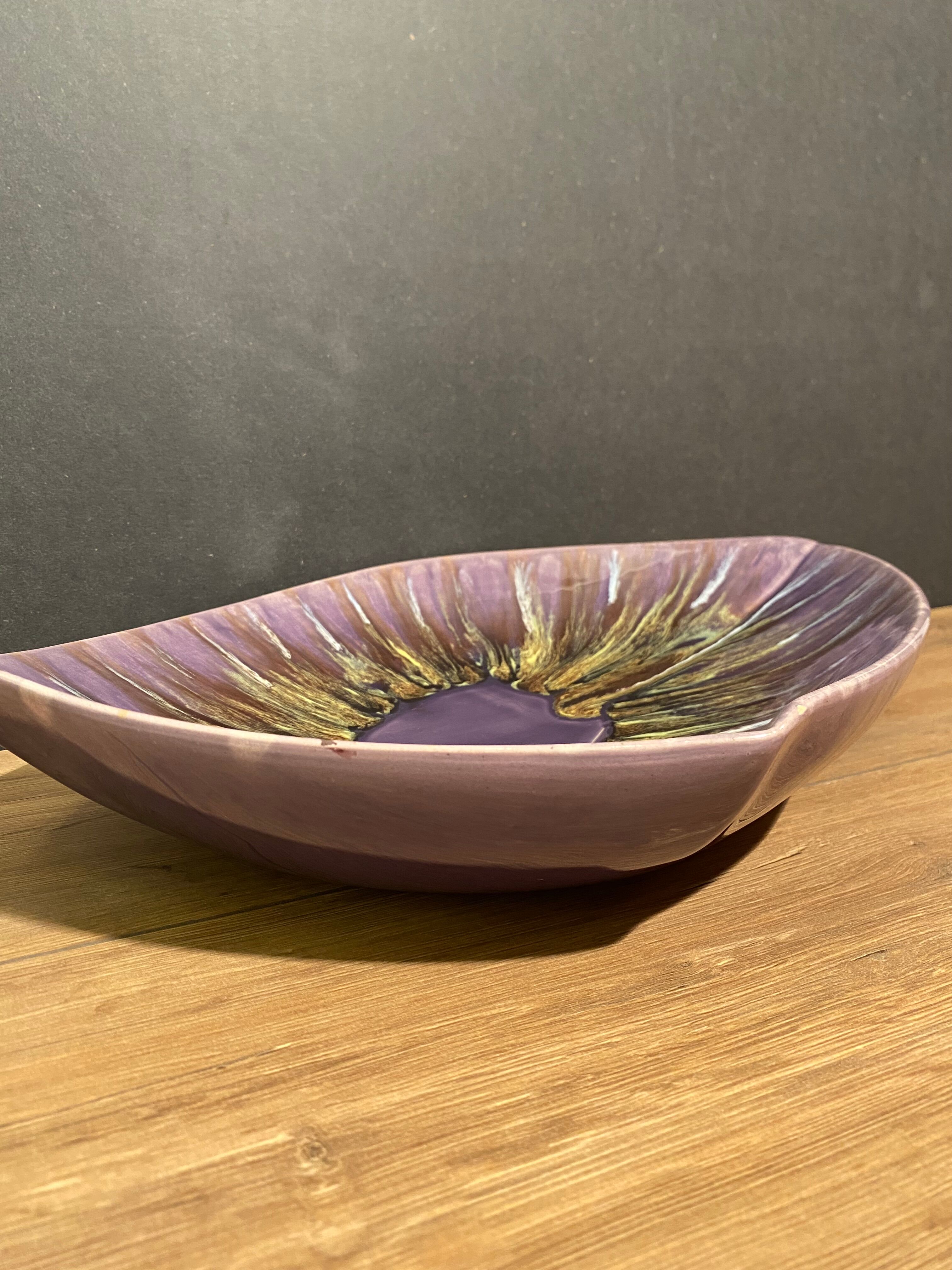 Large stylized vintage dish, Vallauris earthenware cut signed