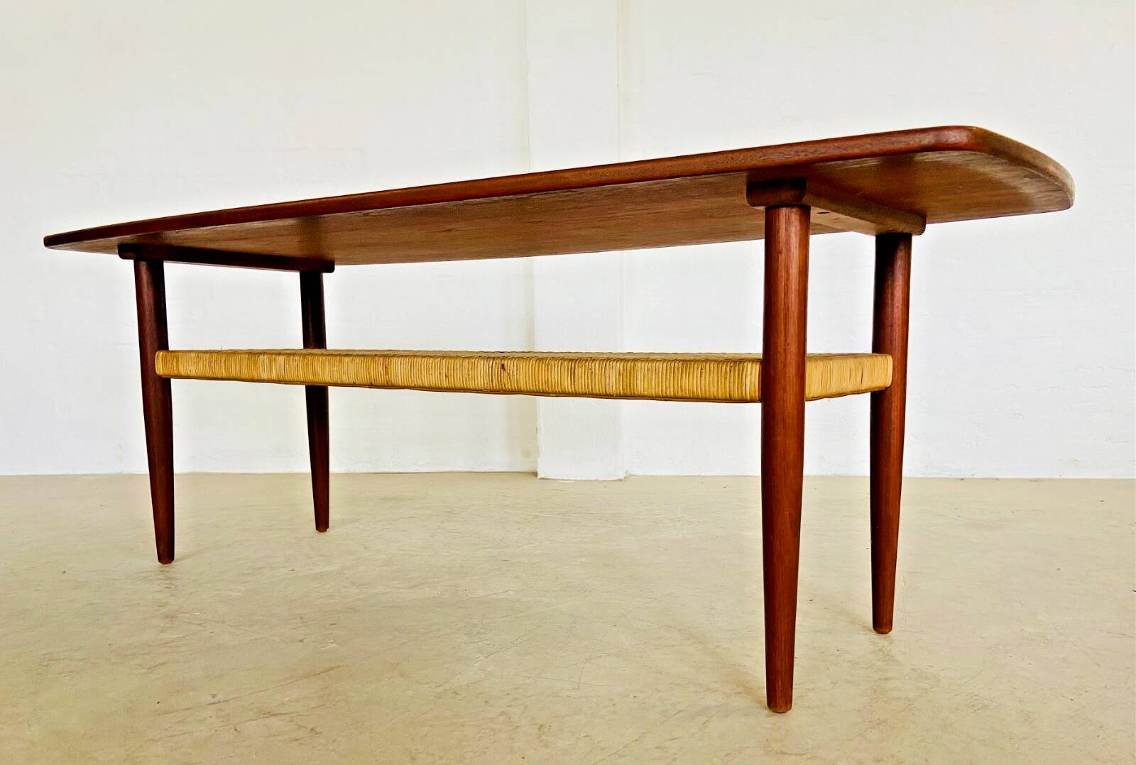 Vintage Danish mid-century teak and rattan coffee table 1960s